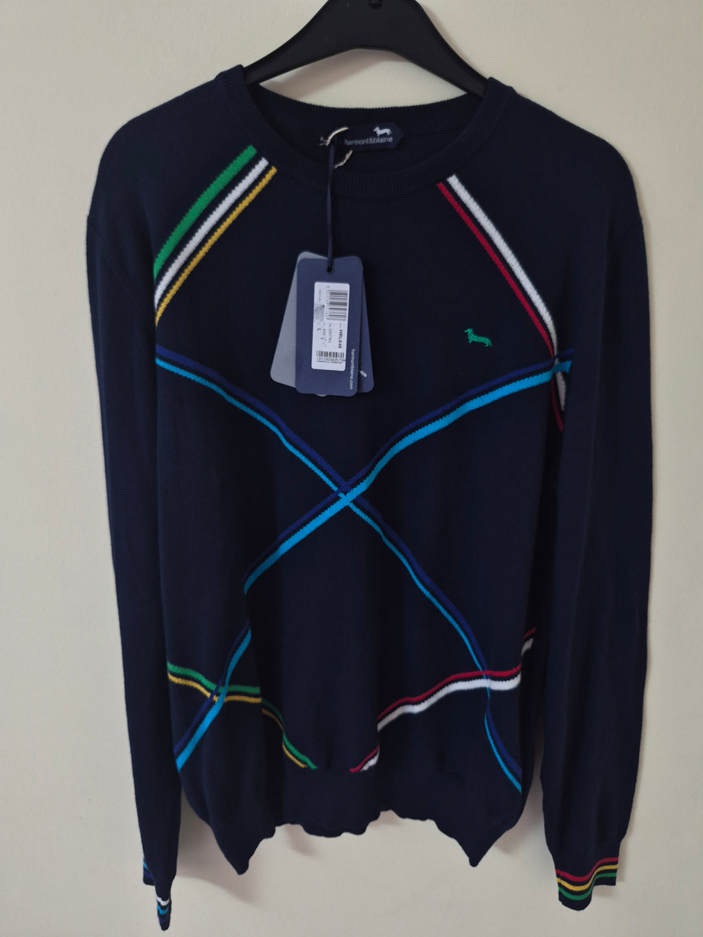 NEW HARMONT & BLAINE MEN’S DIAMOND STRIPE COTTON JUMPER NAVY LARGE RRP£162
