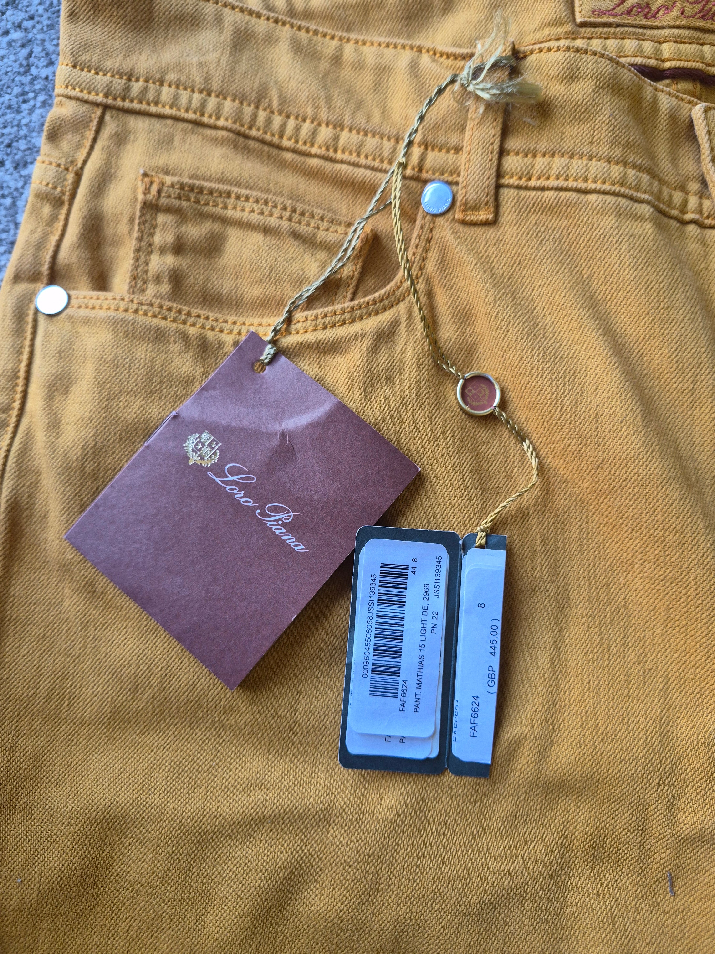 NEW LORO PIANA MUSTARD STRETCH COTTON JEANS SIZE 44 (UK 12) WITH TAGS RRP £445
