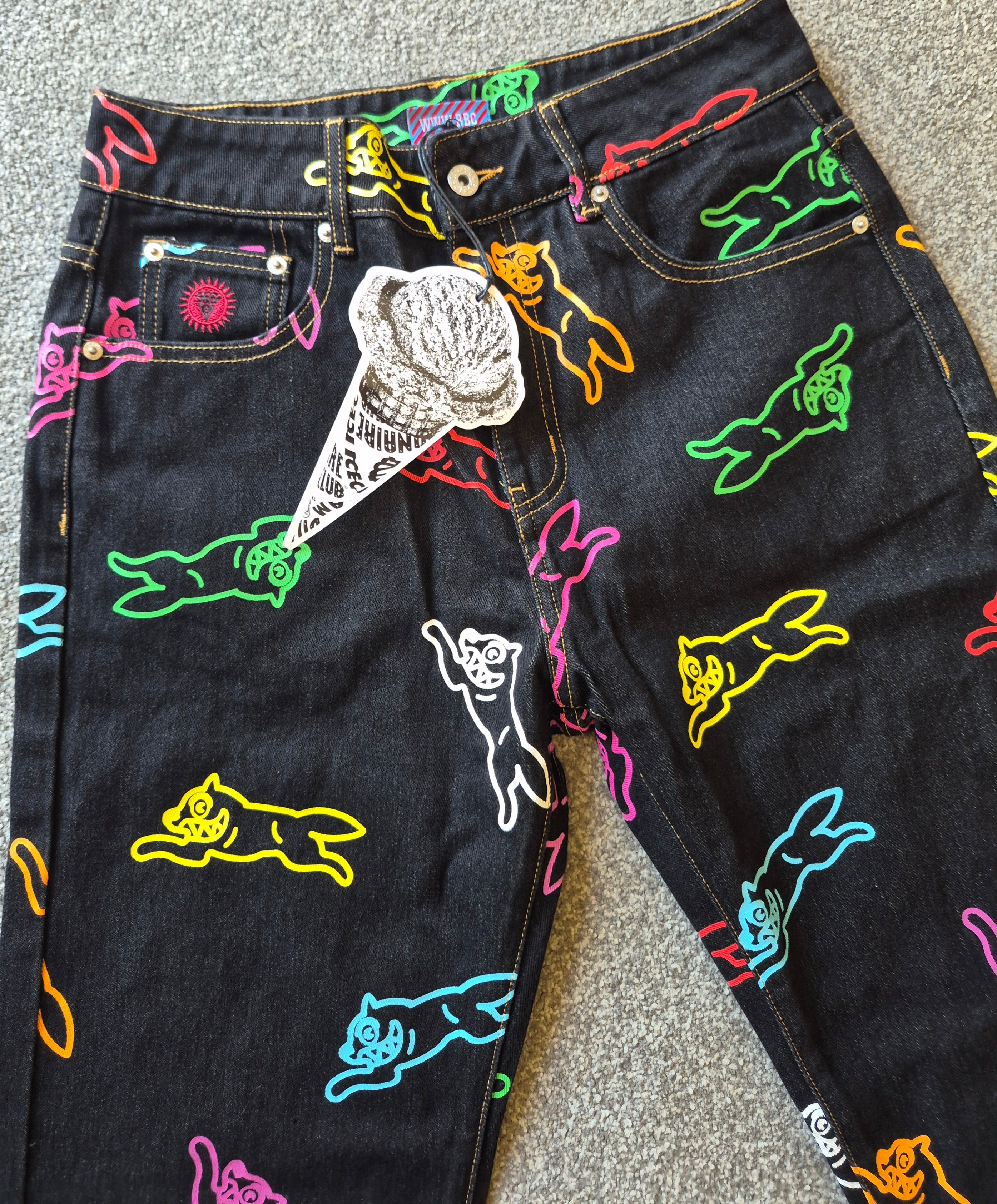 ICE CREAM RUNNING DOG ALL OVER PRINT JEANS MENS W30 BLACK DENIM BILLIONAIRE BOYS CLUB