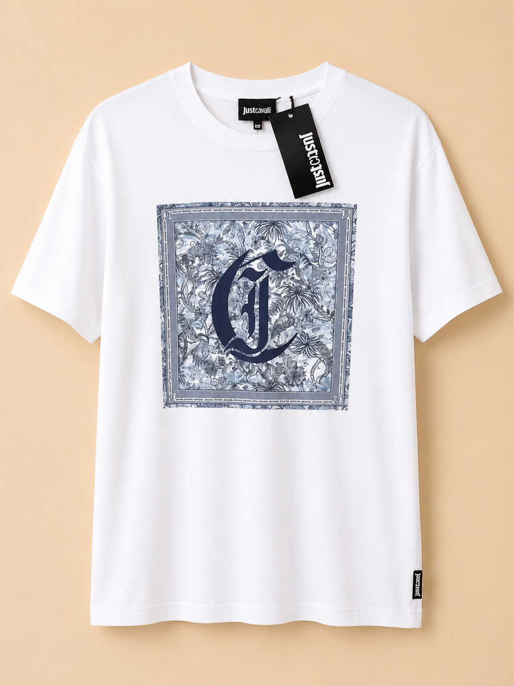 JUST CAVALLI WOMANS WHITE FOULARD GRAPHIC LOGO T SHIRT SIZE S BRAND NEW RRP £180