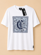 JUST CAVALLI WOMANS WHITE FOULARD GRAPHIC LOGO T SHIRT SIZE S BRAND NEW RRP £180