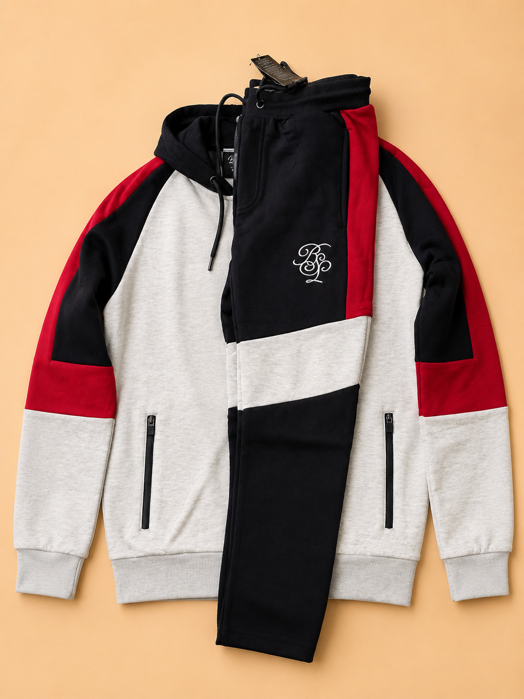 BRAVE SOUL MEN'S FULL ZIP TRACKSUIT GREY/BLACK/RED SIZE S / M / L NEW RRP £79.99 - TOP AND BOTTOMS.