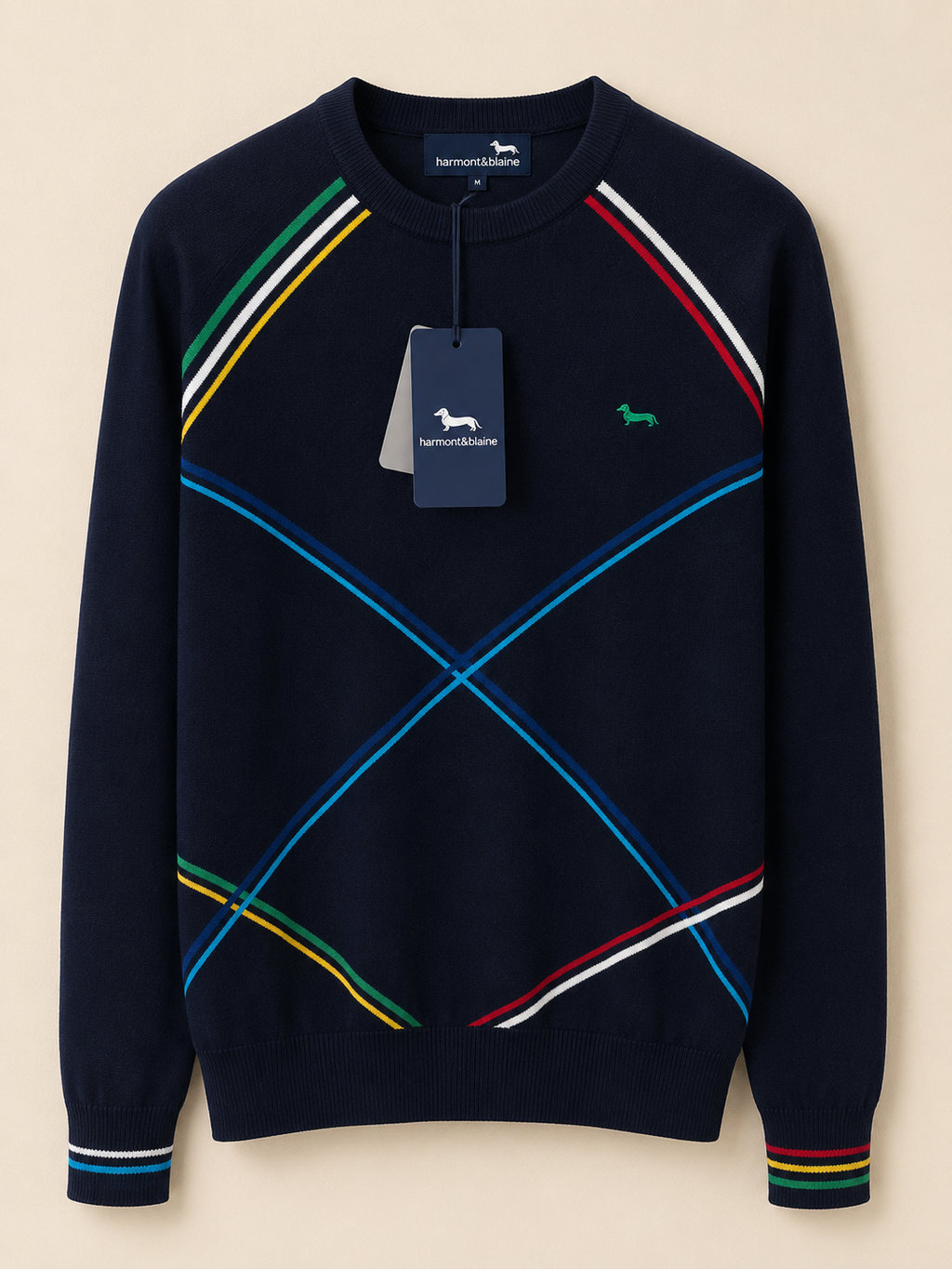 NEW HARMONT & BLAINE MEN’S DIAMOND STRIPE COTTON JUMPER NAVY LARGE RRP£162