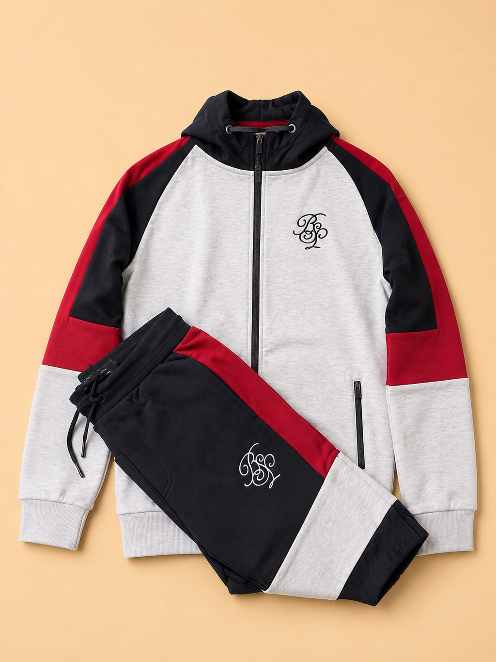 BRAVE SOUL MEN'S FULL ZIP TRACKSUIT GREY/BLACK/RED SIZE S / M / L NEW RRP £79.99 - TOP AND BOTTOMS.