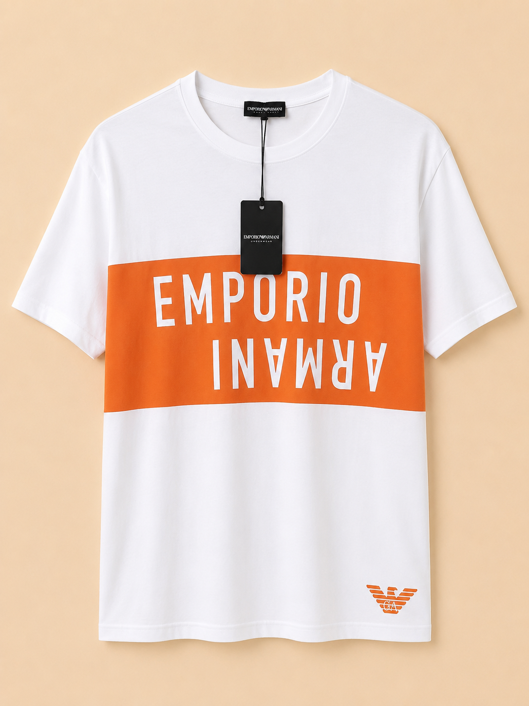 EMPORIO ARMANI MENS WHITE ORANGE LOGO CREW NECK T SHIRT SIZE L BRAND NEW RRP £120