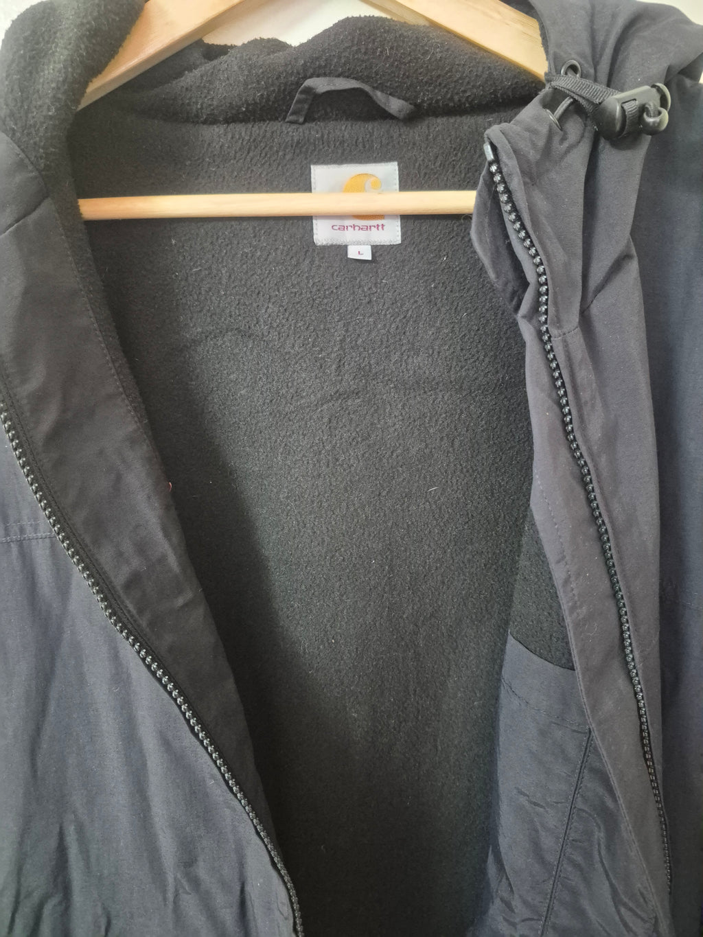 CARHARTT WIP HOODED SAIL JACKET BLACK MEN'S LARGE FLEECE LINED ZIP HOODIE COAT