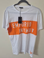 EMPORIO ARMANI MENS WHITE ORANGE LOGO CREW NECK T SHIRT SIZE L BRAND NEW RRP £120