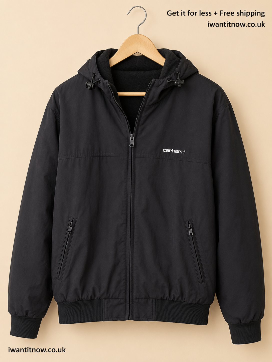 CARHARTT WIP HOODED SAIL JACKET BLACK MEN'S LARGE FLEECE LINED ZIP HOODIE COAT
