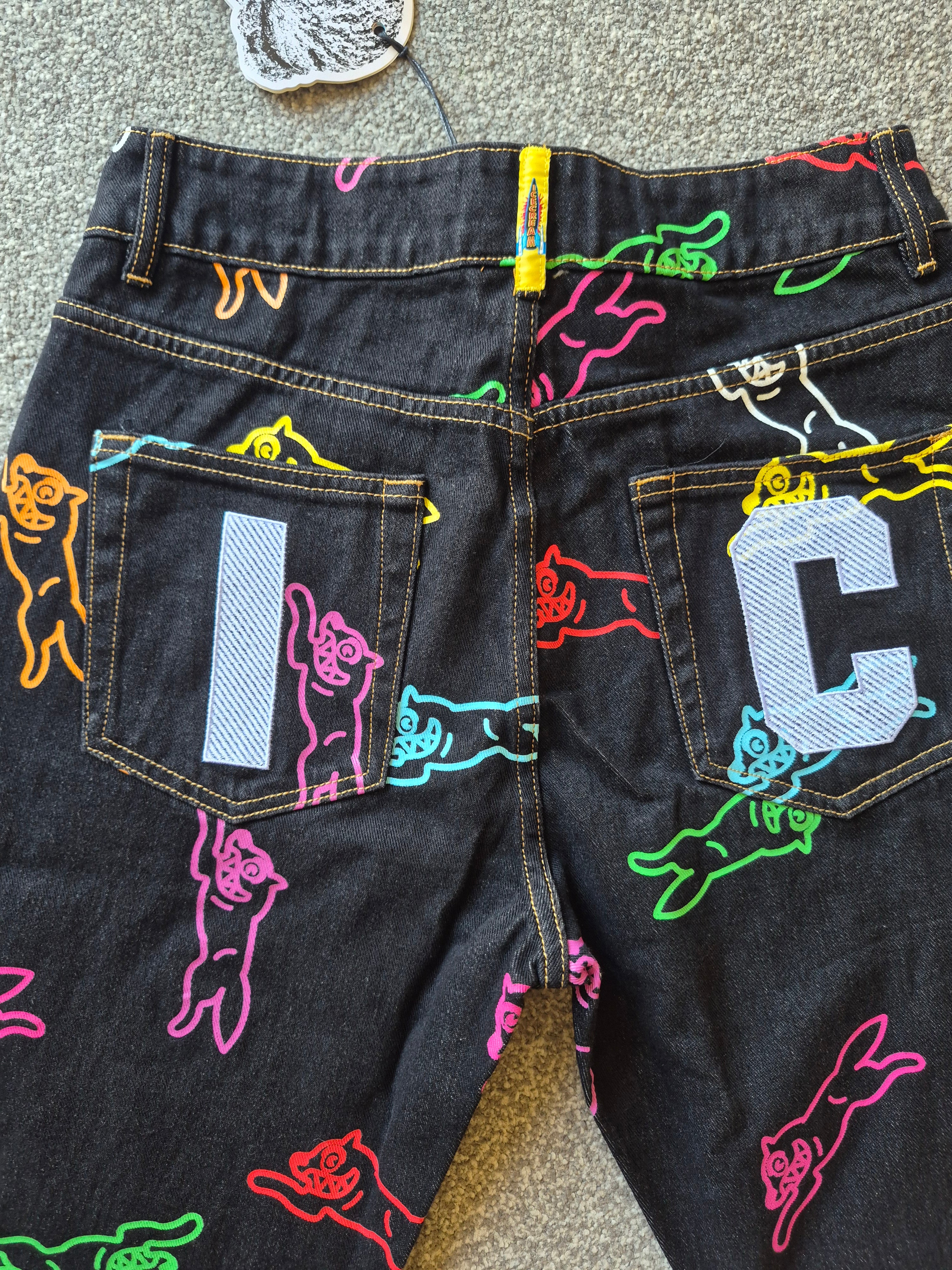 ICE CREAM RUNNING DOG ALL OVER PRINT JEANS MENS W30 BLACK DENIM BILLIONAIRE BOYS CLUB
