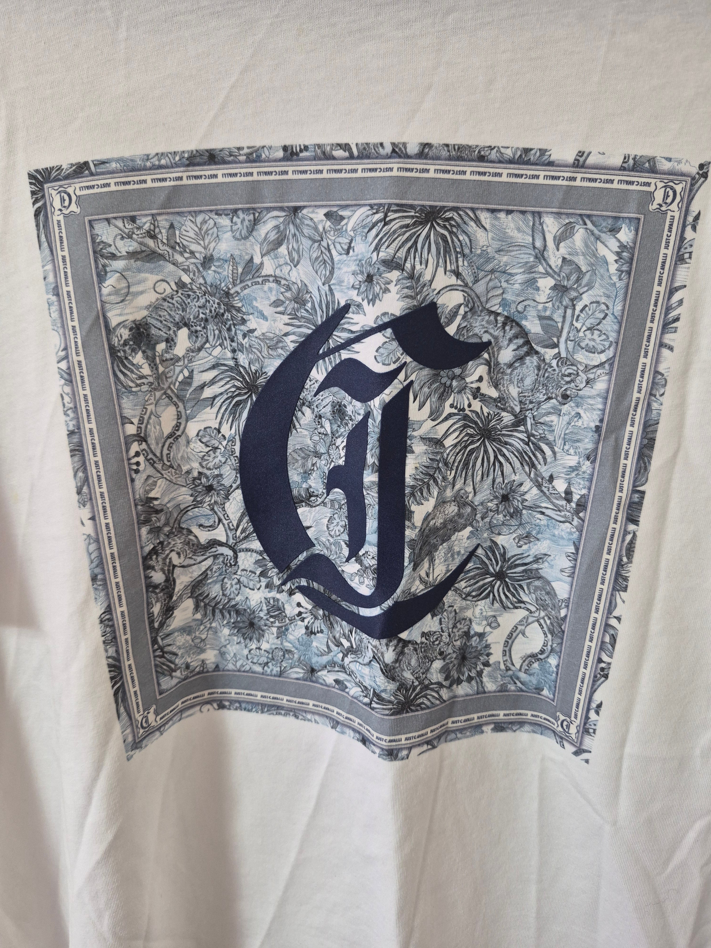 JUST CAVALLI WOMANS WHITE FOULARD GRAPHIC LOGO T SHIRT SIZE S BRAND NEW RRP £180