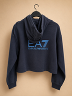 EA7 EMPORIO ARMANI WOMEN'S NAVY CROPPED HOODIE SIZE SMALL RRP £130