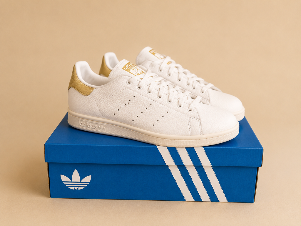 ADIDAS STAN SMITH WHITE & GOLD LEATHER TRAINERS UK 12 NEW BOXED RRP £100 Discounted for customer ebay