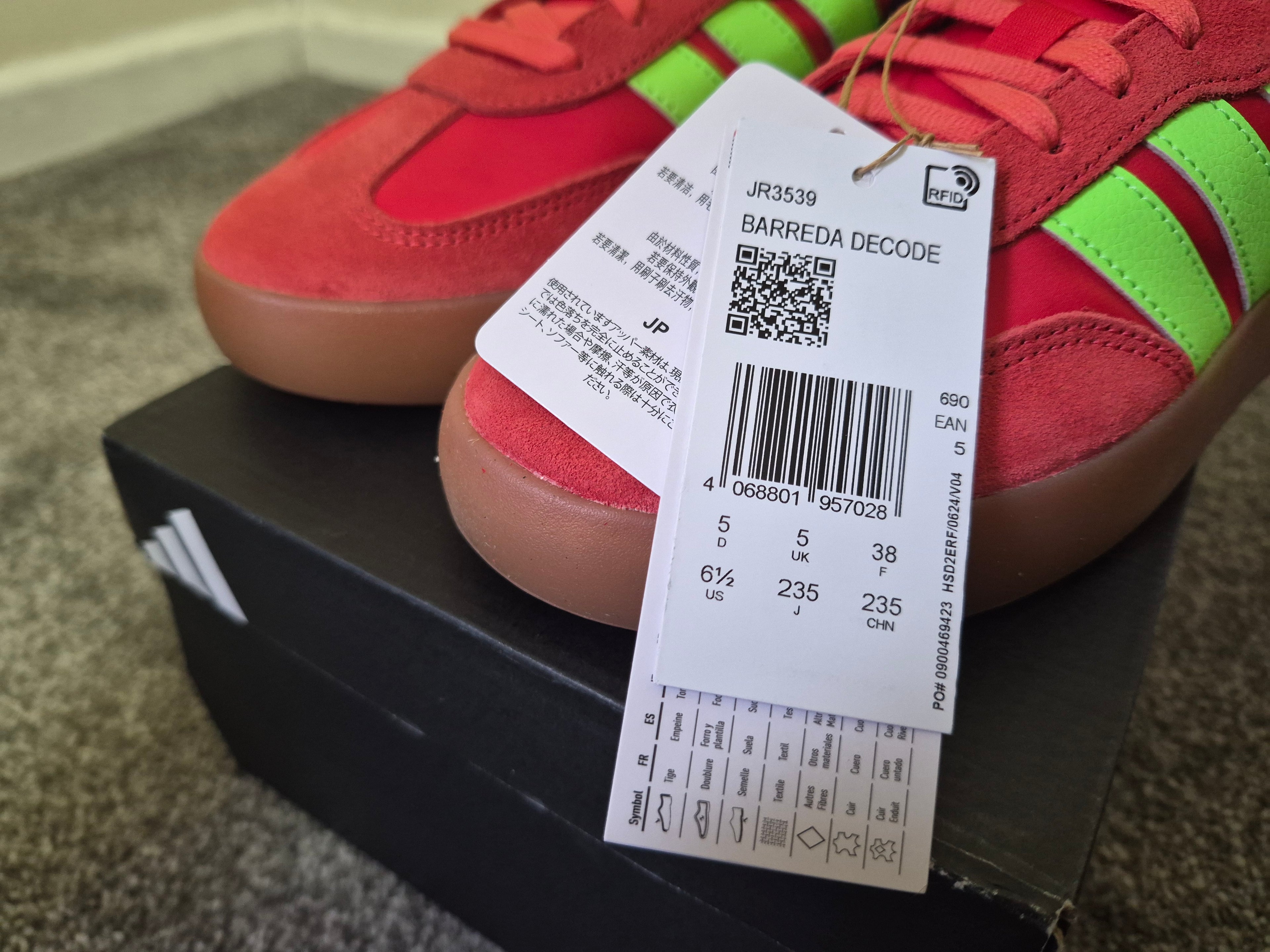ADIDAS BARREDA DECODE TRAINERS RED/GREEN GUM – UK 5 – BRAND NEW WITH TAGS & BOX