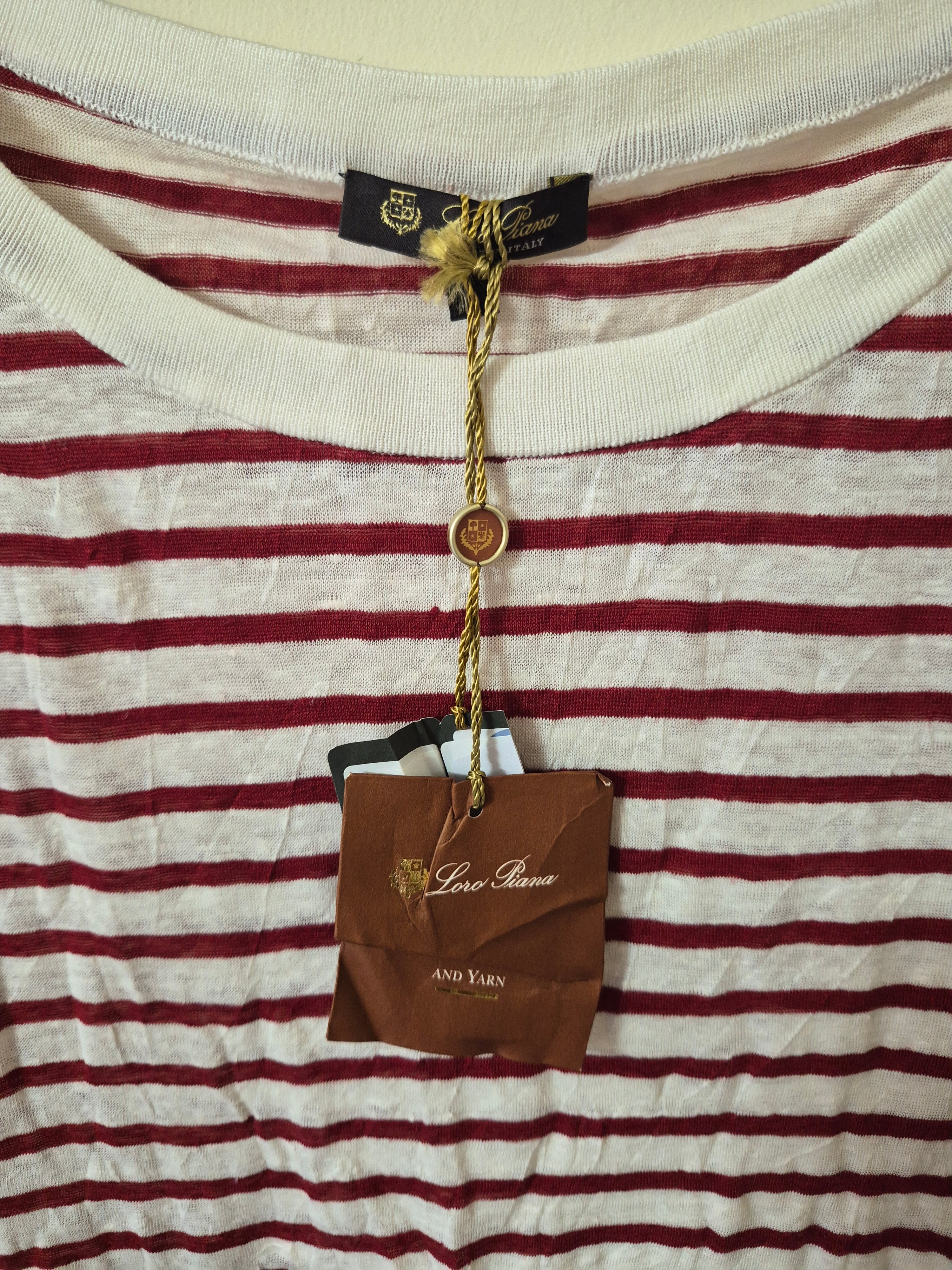LORO PIANA WOMEN'S LINEN STRIPED T-SHIRT LARGE UK 14 WHITE RED NEW WITH TAGS RRP£590
