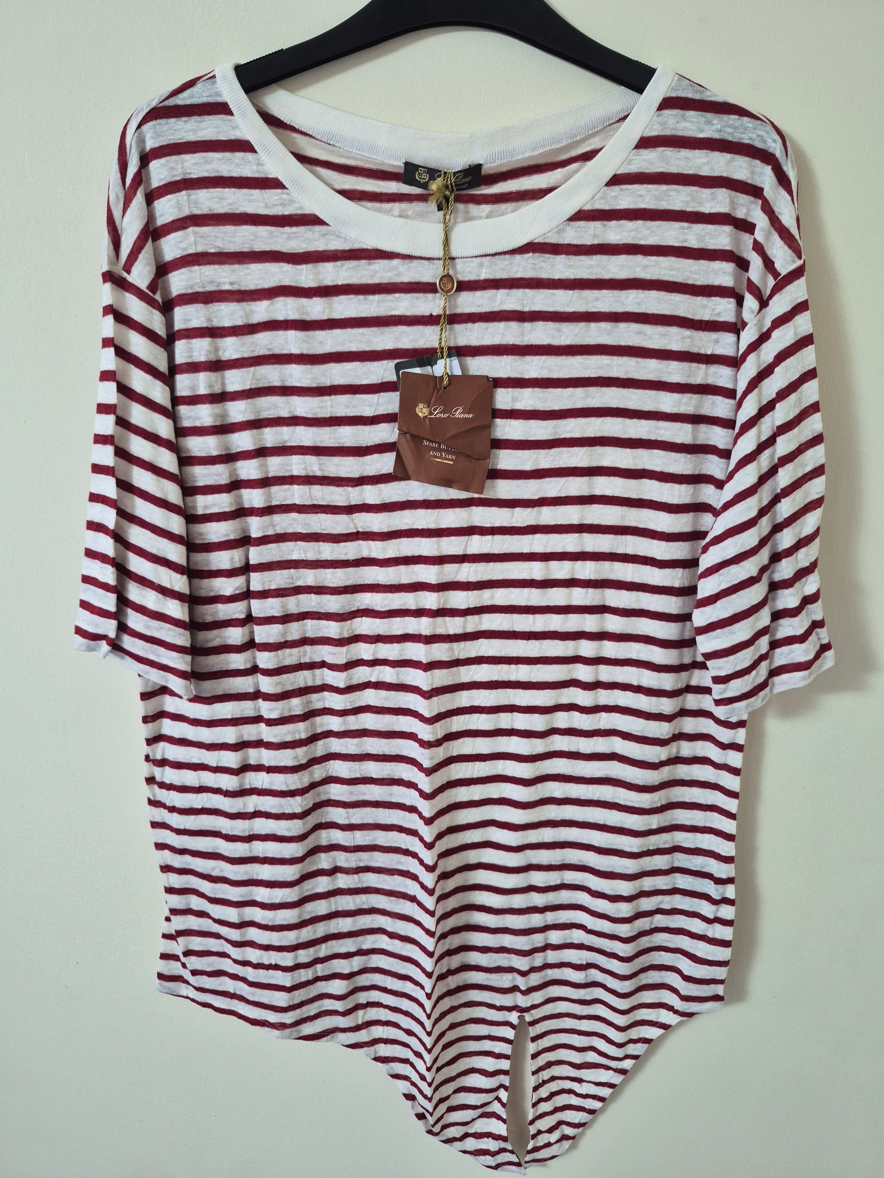 LORO PIANA WOMEN'S LINEN STRIPED T-SHIRT LARGE UK 14 WHITE RED NEW WITH TAGS RRP£590