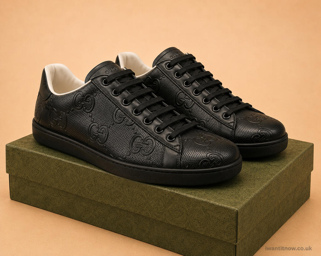 GUCCI ACE EMBOSSED GG TRAINERS BLACK UK 12.5 / EU 47 BRAND NEW WITH BOX RRP £780