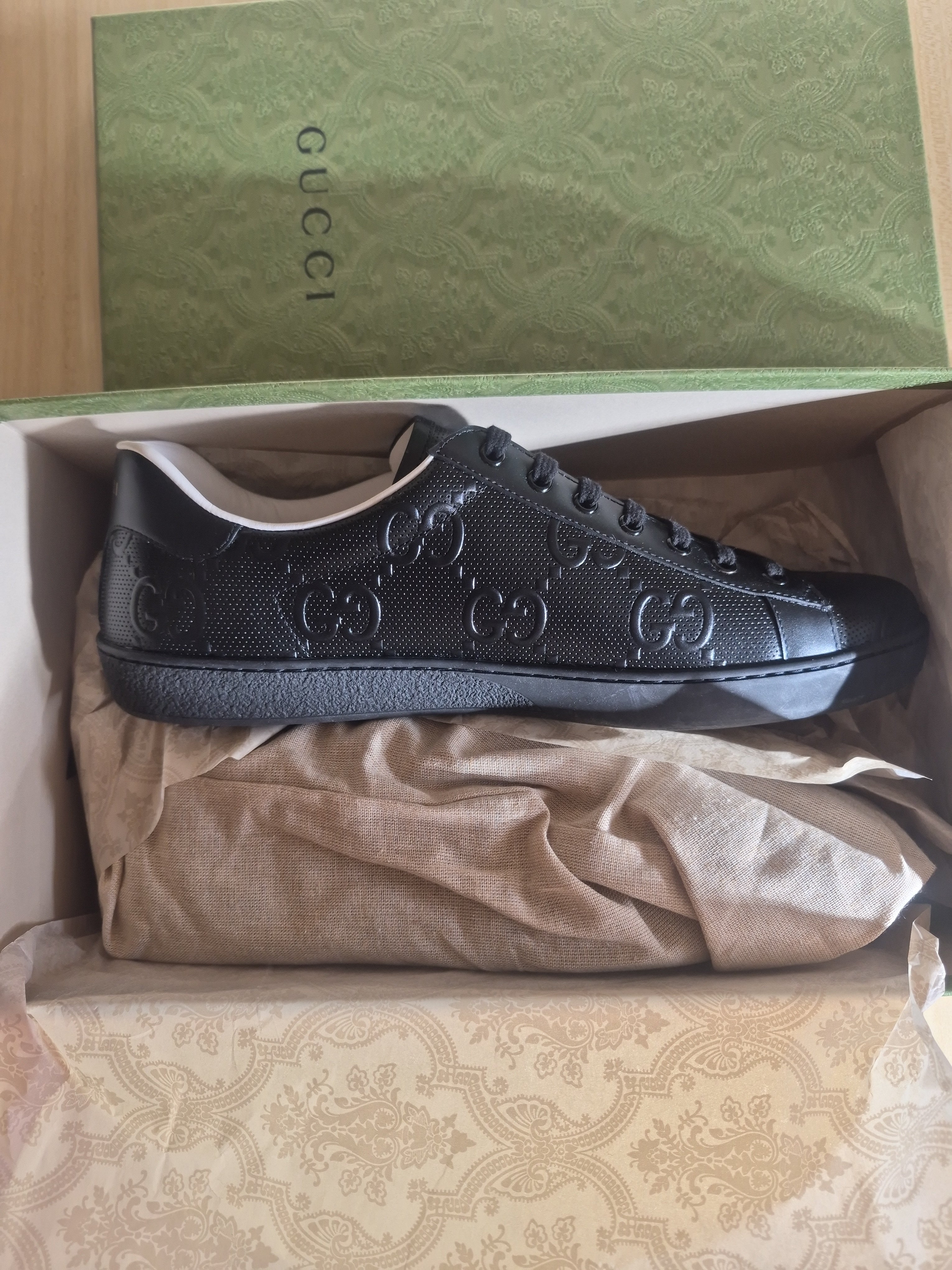 GUCCI ACE EMBOSSED GG TRAINERS BLACK UK 12.5 / EU 47 BRAND NEW WITH BOX RRP £780