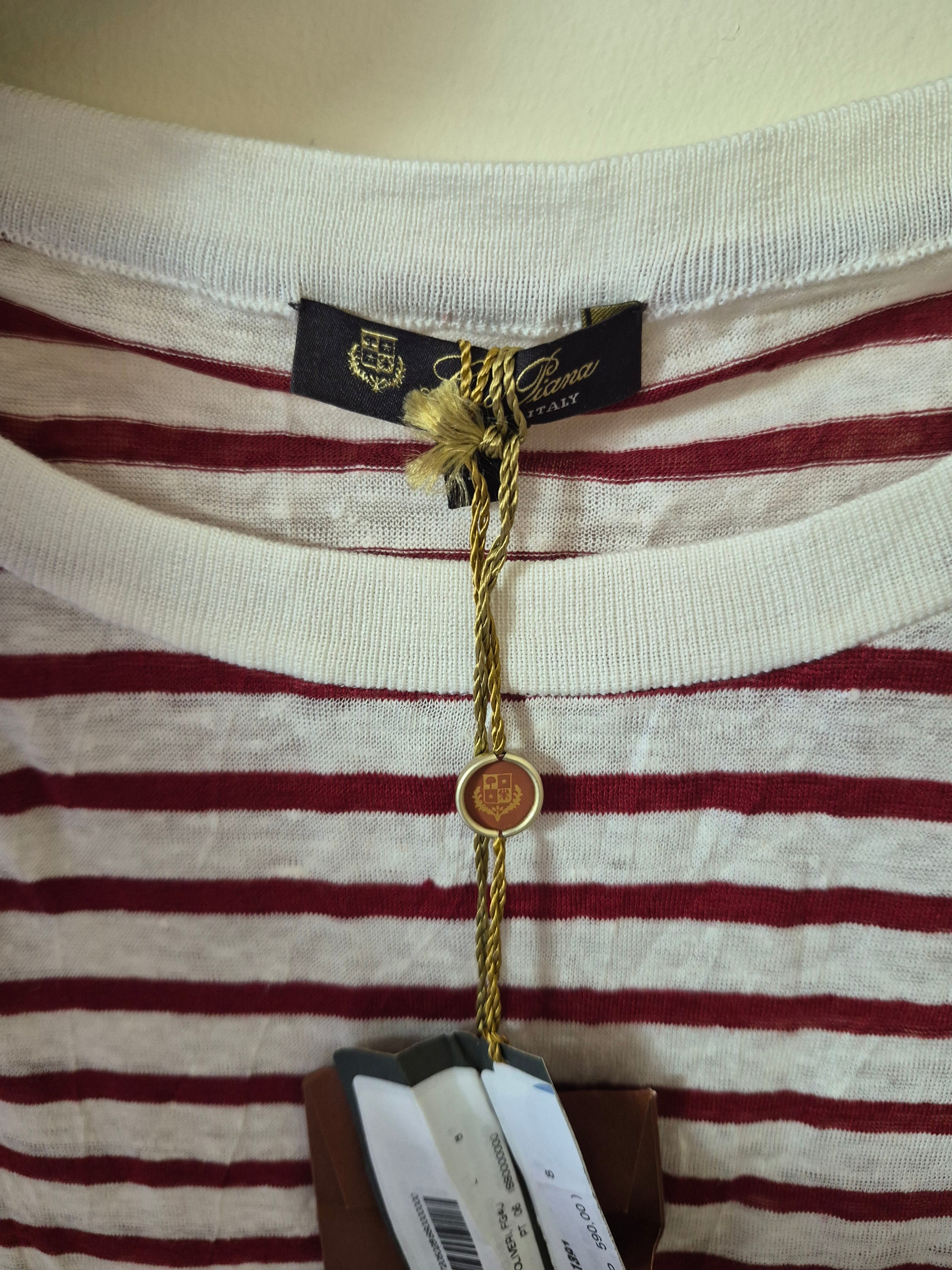 LORO PIANA WOMEN'S LINEN STRIPED T-SHIRT LARGE UK 14 WHITE RED NEW WITH TAGS RRP£590