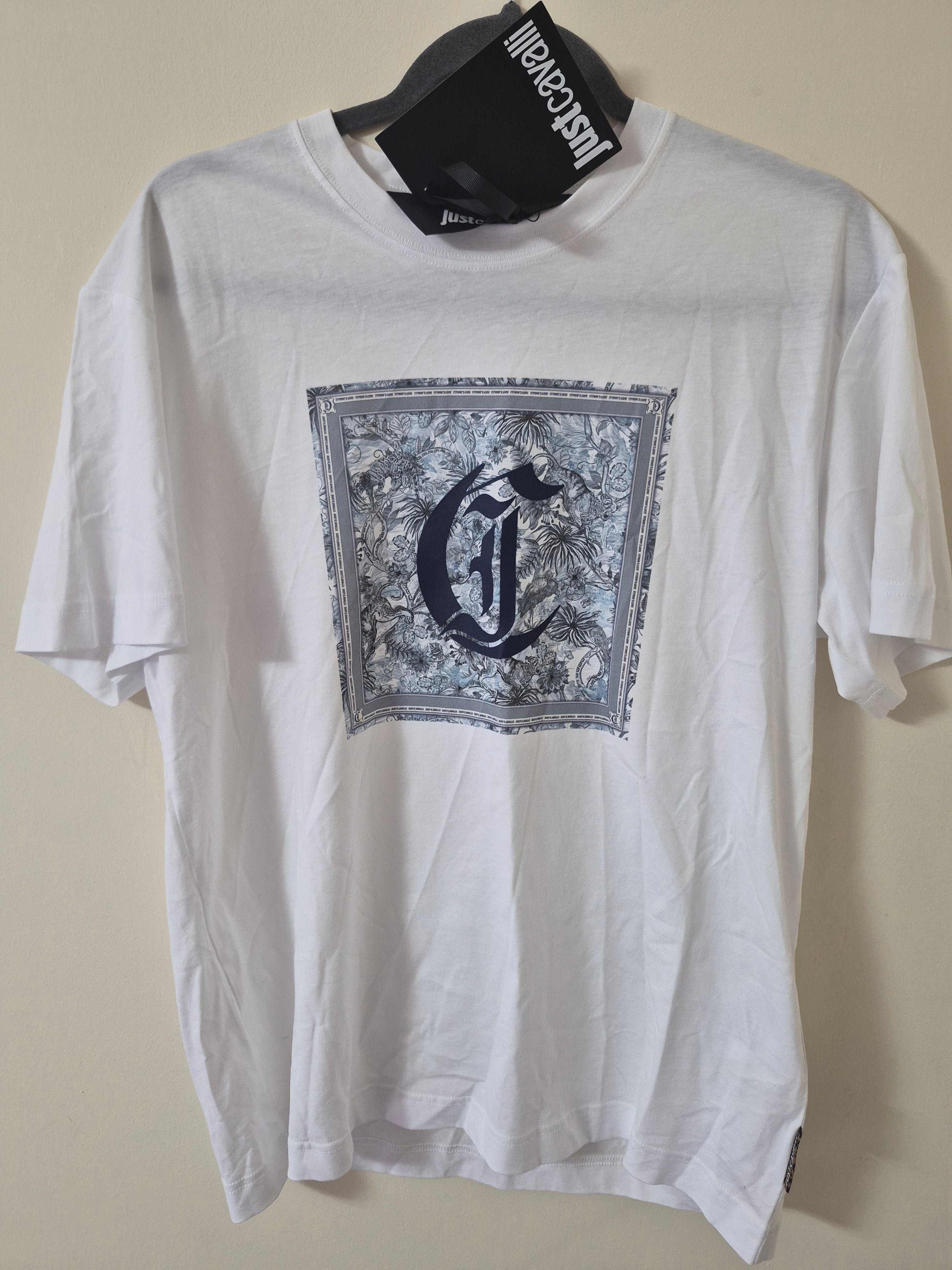 JUST CAVALLI WOMANS WHITE FOULARD GRAPHIC LOGO T SHIRT SIZE S BRAND NEW RRP £180