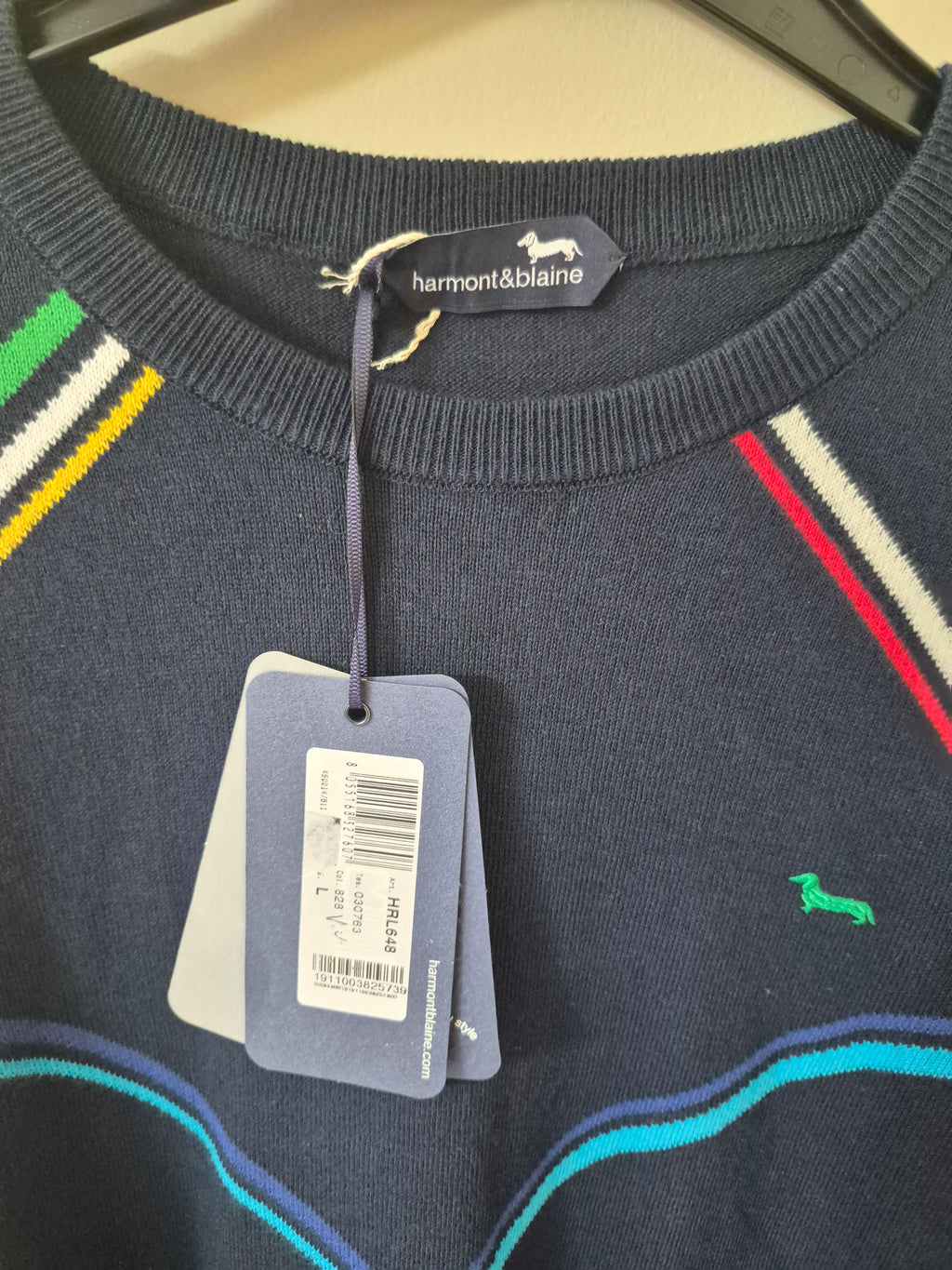 NEW HARMONT & BLAINE MEN’S DIAMOND STRIPE COTTON JUMPER NAVY LARGE RRP£162